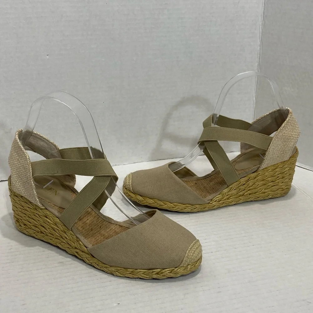 Ralph Lauren Cassandra Linen Espadrille Wedges Sz 7.5 | Neutral Slip-On Heels
